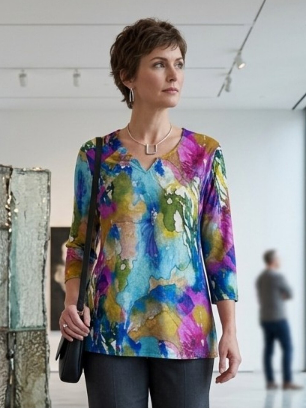 NWT Parsley & Sage L Modern Contemporary Abstract Watercolor Art to Wear Top